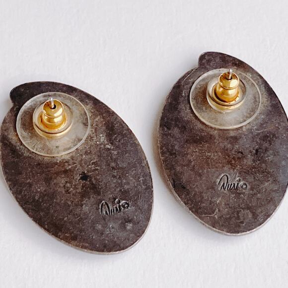 Vintage Nuri Earrings Silver Tone Shell Cabochon Art Nouveau Style 1980s Pierced - Picture 7 of 8